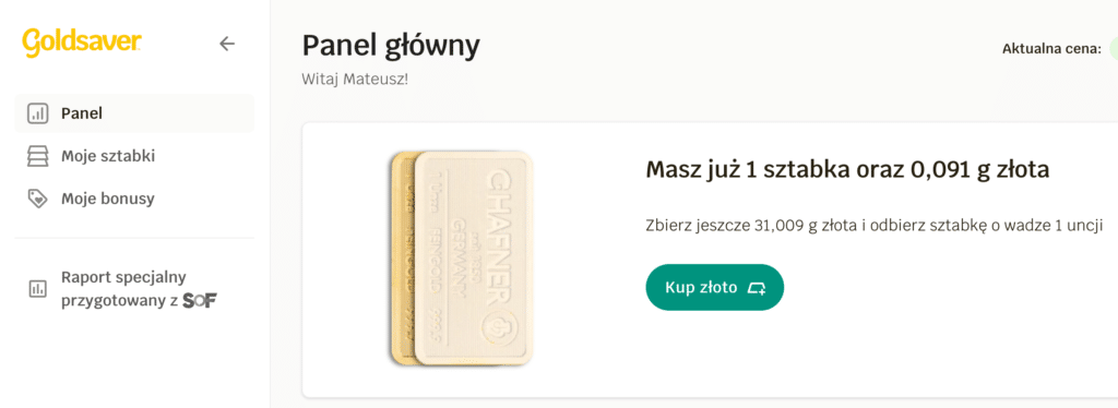 Panel główny Goldsaver - masz sztabkę złota
